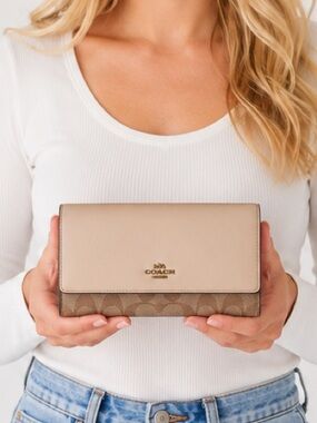 Coach Beige Leather Flap Wallet with Brown Signature Canvas